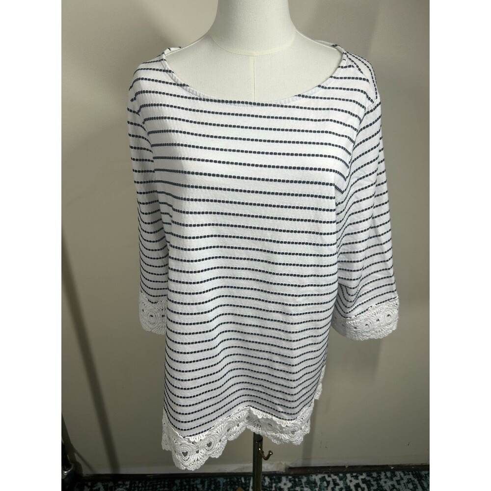 Charter Club Women's Top Plus 3X White Black Striped Rick Rack Trim 259